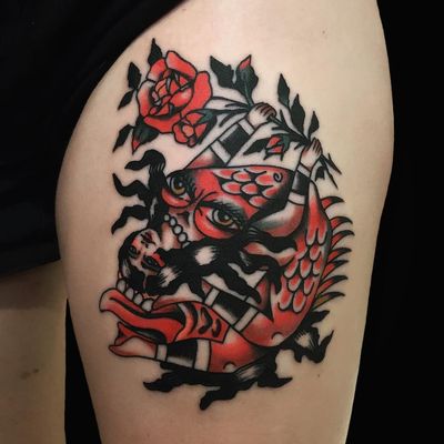 Tattoo by Chingy Fringe #ChingyFringe #skulltattoos #opticalillusion #mashup #death #lady #color #demon #rose #traditional