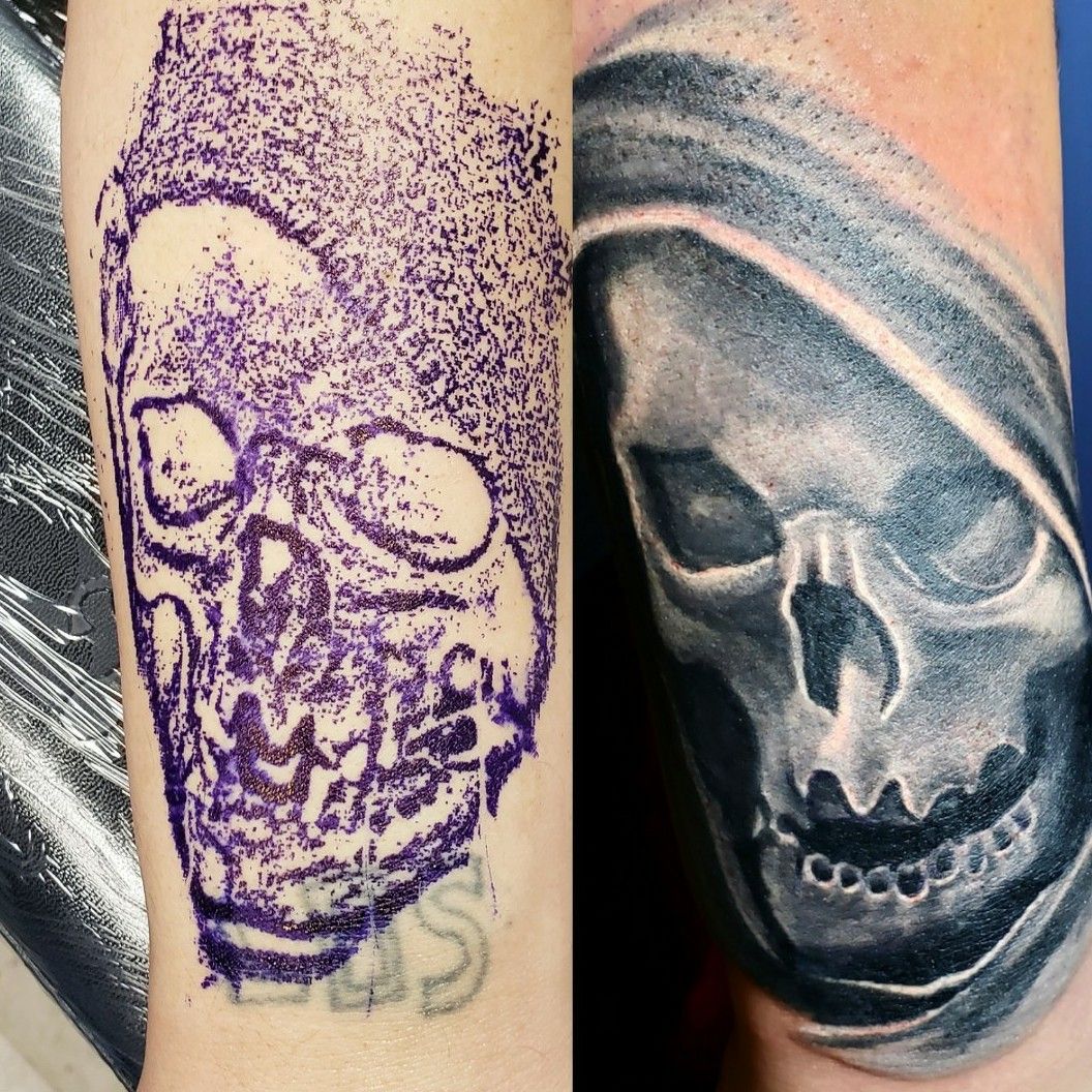 Tattoo uploaded by Dakota Meyer • Sorry for the glare, but I started this  reaper cover up! Decided to go with opaque tones on this one! Plenty to  come with this in