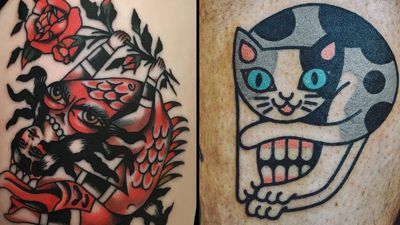 Tattoo on the left by Chingy Fringe and tattoo on the right by Woo Loves You #ChingyFringe #WooLovesYou #heowoohyun #skulltattoos #opticalillusion #mashup #death
