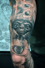 ET extraterrestre . Black and grey realistic tattoo