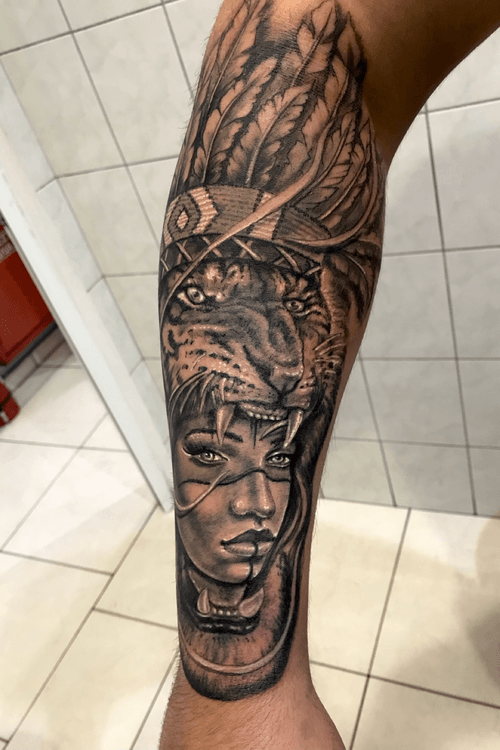 Realistic tattoo black and grey. Indian girl with tiger head