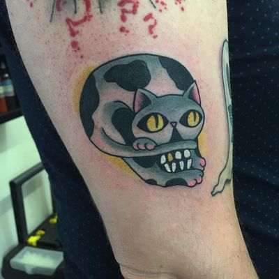 Tattoo by Christina Hock #ChristinaHock #skulltattoos #opticalillusion #mashup #death #cat #color #kitty