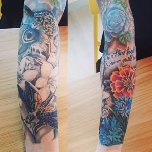 Completed sleeve#sleeve #colour #blackandgrey #flowers #owl #dragonfly #snowdrop #quote #lettering #script #animals 