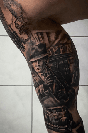 Realistic tattoo. Gangsters of Brooklyn. Black and grey realism
