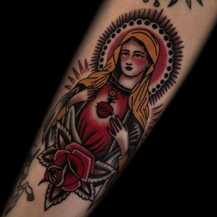 Tattoo by Austin Maples #AustinMaples #sacredhearttattoos #sacredhearttattoo #sacredheart #heart #fire #love #religious #VirginMary #rose #flower #color #traditional