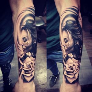 design brought by customer-unknown #rosetattoo #womanface #armtattoo #friday 