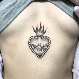 Tattoo by Sofia Ripper #SofiaRipper #sacredhearttattoos #sacredhearttattoo #sacredheart #heart #fire #love #religious #illustrative #crownofthorns #thorns #blackandgrey