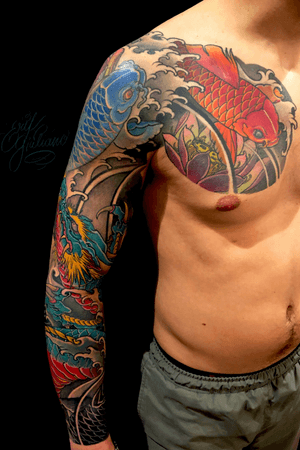 Full sleeve and chest dragon, second place best japanese at cesenatico tattoo convention