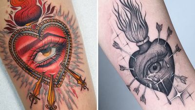 Tattoo on the left by Ellis Arch and tattoo on the right by Alan Chen #AlanChen #EllisArch #sacredhearttattoos #sacredhearttattoo #sacredheart #heart #fire #love #religious
