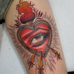 Tattoo by Ellis Arch #EllisArch #sacredhearttattoos #sacredhearttattoo #sacredheart #heart #fire #love #religious #color #illustrative #neotraditional #sword #eye #pearls