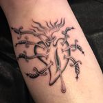 Tattoo by Sarah Schor #SarahSchor #sacredhearttattoos #sacredhearttattoo #sacredheart #heart #fire #love #religious #blood #sword #blackandgrey #illustrative