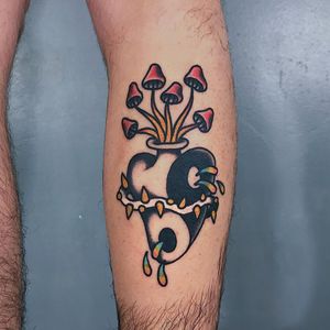 Tattoo by Berly Boy #BerlyBoy #sacredhearttattoos #sacredhearttattoo #sacredheart #heart #fire #love #religious #yingyang #mushroom #blood #trippy #surreal #thorns