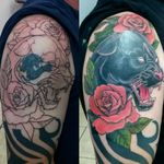 Definitely one of my favorite tattoos for this year Cover up designed and inKed by K #tattoo #ink #tatttoos #worldfamousink #eikondevice #greenmonster #tattooaddictsouthafrica #gunwax #thelightningstation #tam #tattoodo #roses #coverup #pantherhead #panthertattoo #neotraditionaltattoo 