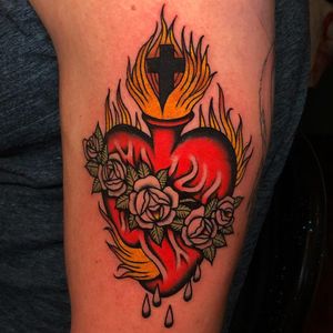 Tattoo by Tyler Abner #TylerAbner #sacredhearttattoos #sacredhearttattoo #sacredheart #heart #fire #love #religious $rose #flower #blood #cross #color #traditional