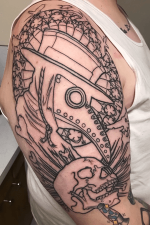 Outline done on my upper right arm. Extremely excited to finish this Plague Doctor piece.