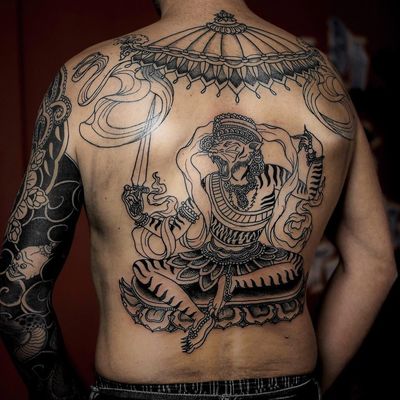 Tattoo by Roma Severov #RomaSeverov #tibetantattoos #tibetan #tibetinspired #tibetanbuddhist #enlightenment #religious #philosophy #tibet #deity #lotus #parasol #blackwork #illustrative