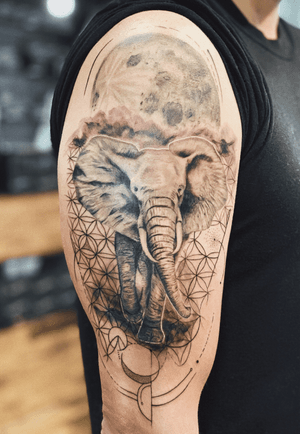 www.anastation-tattoo.com #anastationtattoo #blackandgrey #geometry #floweroflife #elephant #moon 