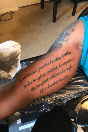 Bicep tattoo #strength #god #religion #religioustattoo #catholic #christian #prayer #life #cursive #cursivetattoo 