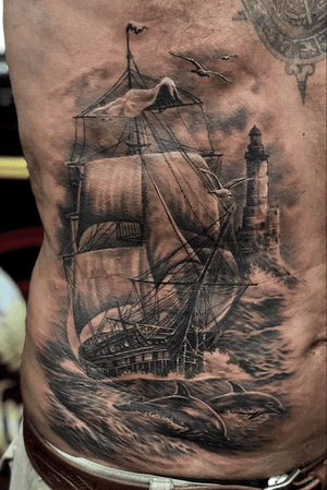 Our realism specialist “Tom” awesome take on a pirate ship 🏴‍☠️+ design ideas from our customer “Mr Pepe”. Thank you for choosing Angel Ink sir, and in the hope of welcoming you again on your next trip, godspeed ⛵️.Inbox us what’s on your mind for your next tattoo?  We help you think it & We ink it 😉.#angelink #realistictattoo #sailortattoo #blackandgrey #bestintown #perfectionism #bodyart #tattoodo #patongbeach #phuket #booknow