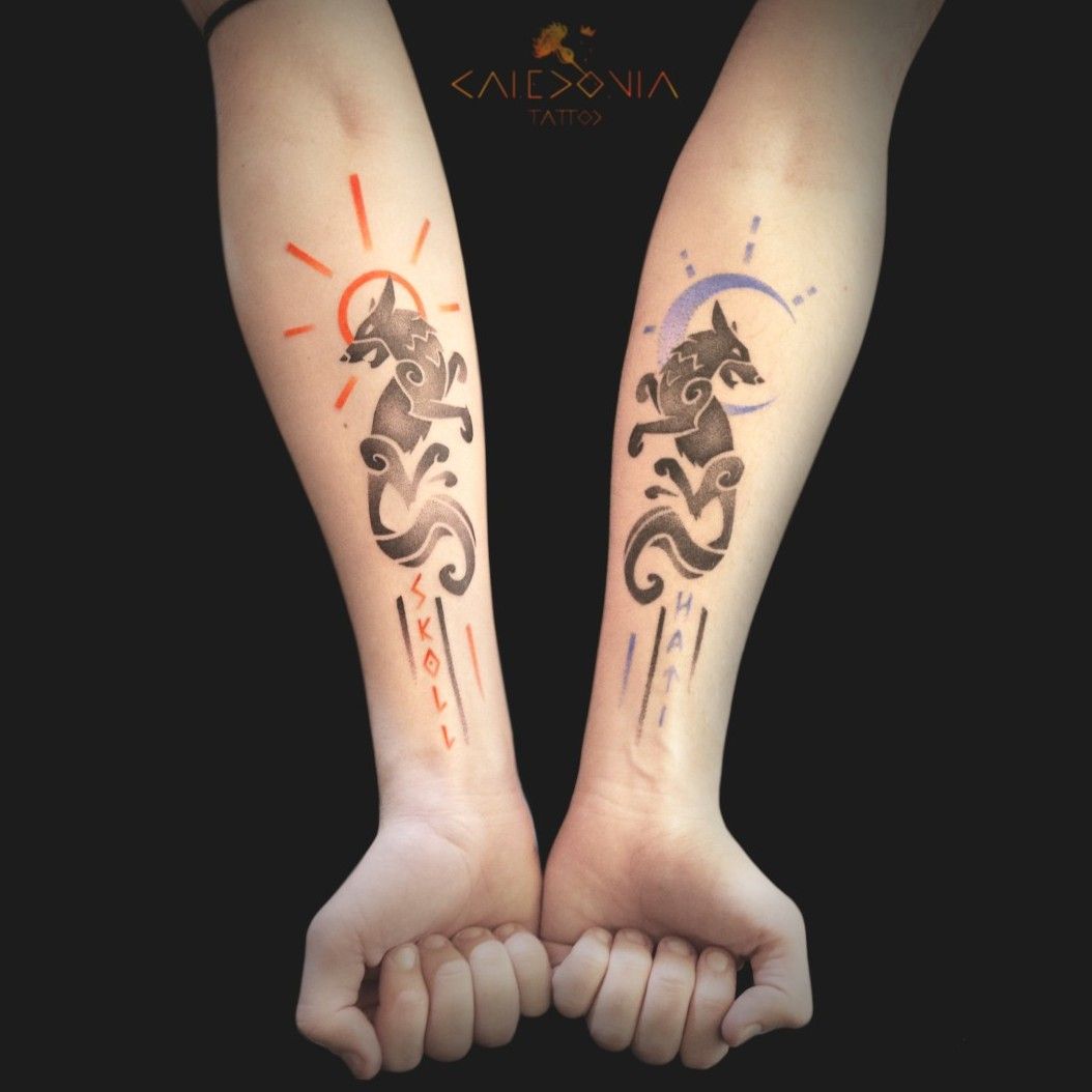 Norse mythology tattoo representing Skoll and Hati    Follow  littlejimtattoo on Instagram        tattooinspiration   Instagram post from Tymeless Tattoo tymelesstattoo