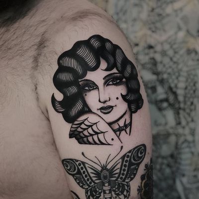 Tattoo by Simon Gyllstrom #SimonGyllstrom #tattooedladytattoos #tattooedlady #tattooedgirl #tattoos #pinups #lady #ladyhead #ladyportrait #babe #spiderweb #barbedwire