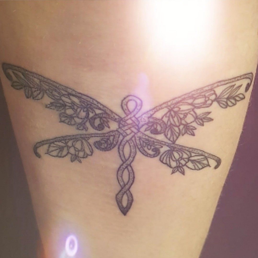 Tattoo uploaded by verityrbarnes  A dragonfly flew into my tattoo  collection   dragonfly dragonflytattoo tattoo insect linework  dotwork dot celtic weave celticknot flower flowers leaves nature  cover black line detail 