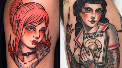 Tattoo on the left by Mick Gore and tattoo on the right by Xam #Xam #XamtheSpaniard #MickGore #tattooedladytattoos #tattooedlady #tattooedgirl #tattoos #pinups #lady #ladyhead #ladyportrait #babe