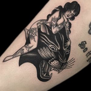 Tattoo by Becca Genné-Bacon #BeccaGenneBacon #tattooedladytattoos #tattooedlady #tattooedgirl #tattoos #pinups #lady #ladyhead #ladyportrait #babe #blackandgrey #panther #cat #junglecat #traditional
