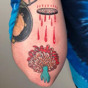 Tattoo by Dane Nicklas #DaneNicklas #redinktattoos #redink #color #blood #chrysanthemum #flower #floral #hand #blood #surreal #strange