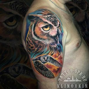 I did this work 1 session, around 6 hours #owls #tattoo #colortattoo #realistictatto 