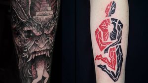 Tattoo on the left by Rob Borbas and tattoo on the right by Uve #Uve #RobBorbas #redinktattoos #redink #color