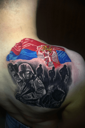 Skull, army and Serbian flag