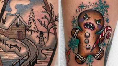 Tattoo on the left by Ernst Krone and tattoo on the right by Roberto Euan #RobertoEuan #ErnstKrone #ChristmasTattoos #Christmastattoo #christmas #xmas #holiday #winter