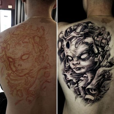 Result from the other day. Inspired by a @katsuyaterada reference. Appointments available. Email to book ⬇️ autopsy.tattoo.studio@gmail.com Done with the following @cheyenne_tattooequipment products: Machine: #solnova Power supply: #PU2 Needles config: 9 power, 13 & 23 soft edge magnum . . Ink: #instablackink by @silverbackink . . #toxycxlr #austin #texas #freehand #freehandtattoo #texastattoos #austintattoo #austintattoos #CheyenneTattooEquipment #CheyenneSafetyCartidges #CheyenneFamilly #CheyenneArtist #MadeForArtists #silverbackink #horrortattoo #radtattoos #tattoosartist #inkedlife #inkig #tattoomagazine #tattoosofinstagram #anime #manga #mangatattoo #katsuyaterada #animetattoo #katsuyateradatattoo