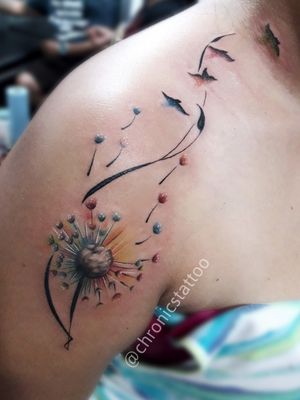 Beauty dandilion with a bunch of things flying#dandilionwithbirdsflyingtattoo #dandilion #tattoo #tattooartist #colortattoo #birds 