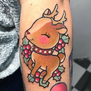 Tattoo by Meri #Meri #ChristmasTattoos #Christmastattoo #christmas #xmas #holiday #winter #deer #reindeer #holly #color #newschool