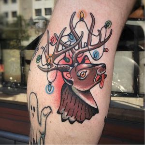 Tattoo by Johnny Vampotna #JohnnyVampotna #ChristmasTattoos #Christmastattoo #christmas #xmas #holiday #winter #reindeer #christmaslights #animal #death #roadkill