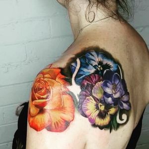 custom Colour Rose and Violet Tattoo by Krystal @artworkxbykrystal 