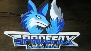 "SPADEFOX" hand engraved on wood for a gaming arena in Lancaster California