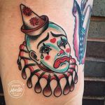 Tattoo by Stacy Martin #StacyMartin #clowntattoos #clown #funnytattoo #funny #humor #lol #joker #color #illustrative #tear #heart