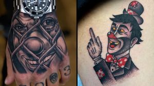 Tattoo on the left by Giove and tattoo on the right by Panchos Placas #PanchosPlacas #Giove #clowntattoos #clown #funnytattoo #funny #humor #lol #joker