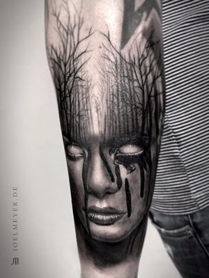 Woman Trees Forest Portrait Black and Grey Realism Tattoo