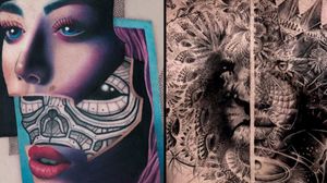 Tattoo on the left by Chris Rigoni and tattoo on the right by Balazs Bercsenyi #balazsbercsenyi #ChrisRigoni #splitfacetattoos #portrait #surreal #strange #face