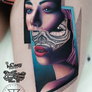 Tattoo by Chris Rigoni #ChrisRigoni #splitfacetattoos #portrait #surreal #strange #face #realism #hyperrealism #robot #scifi #ladyhead #color