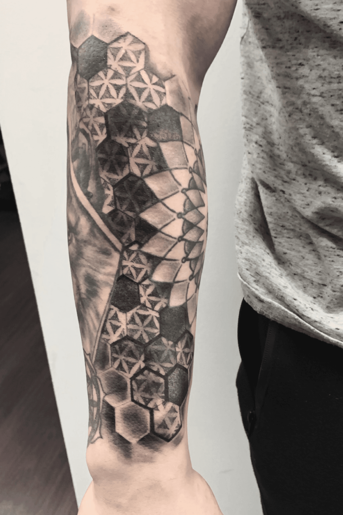 Tattoo uploaded by miabacchiart  dotwork and honeycomb sleeve filler i  started a while back   Tattoodo