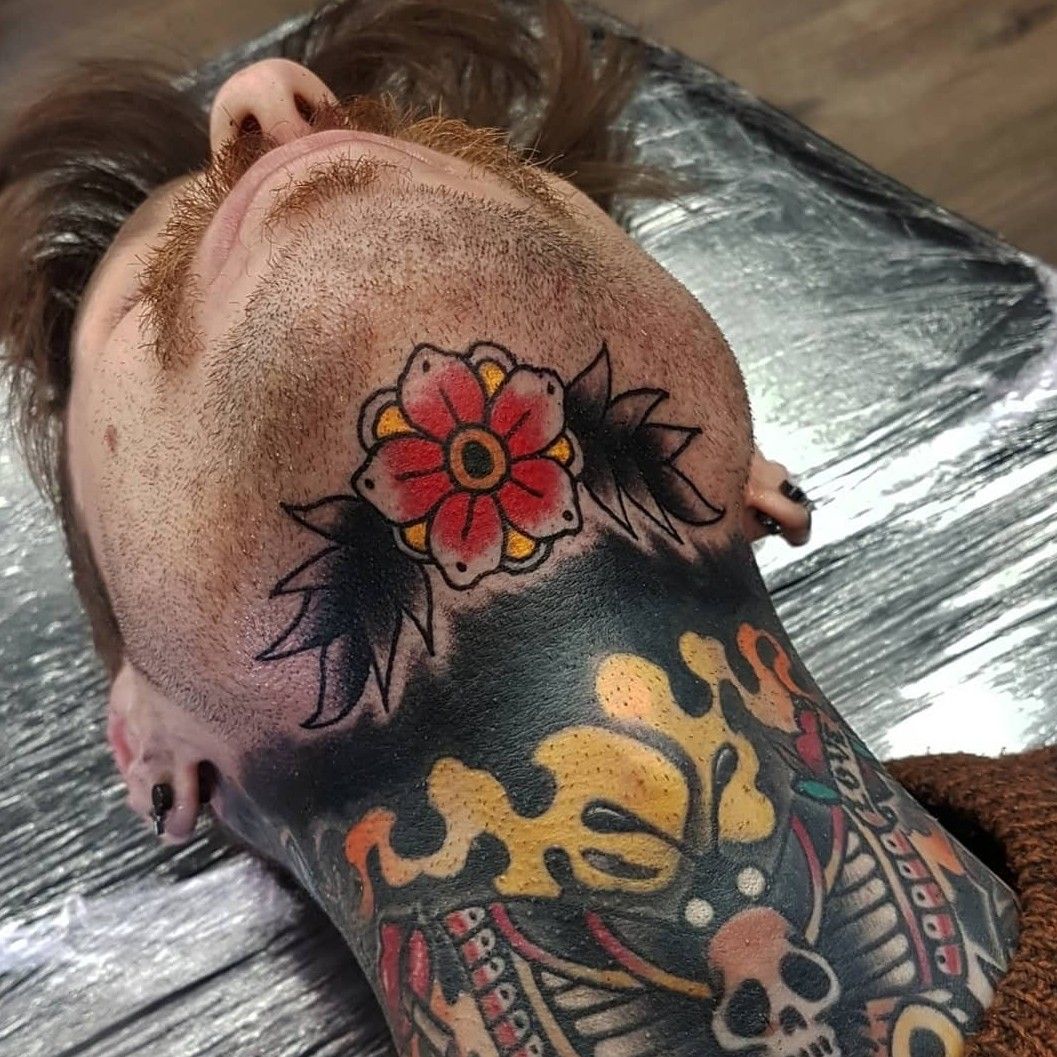 Colorful Flower Tattoo On Chin