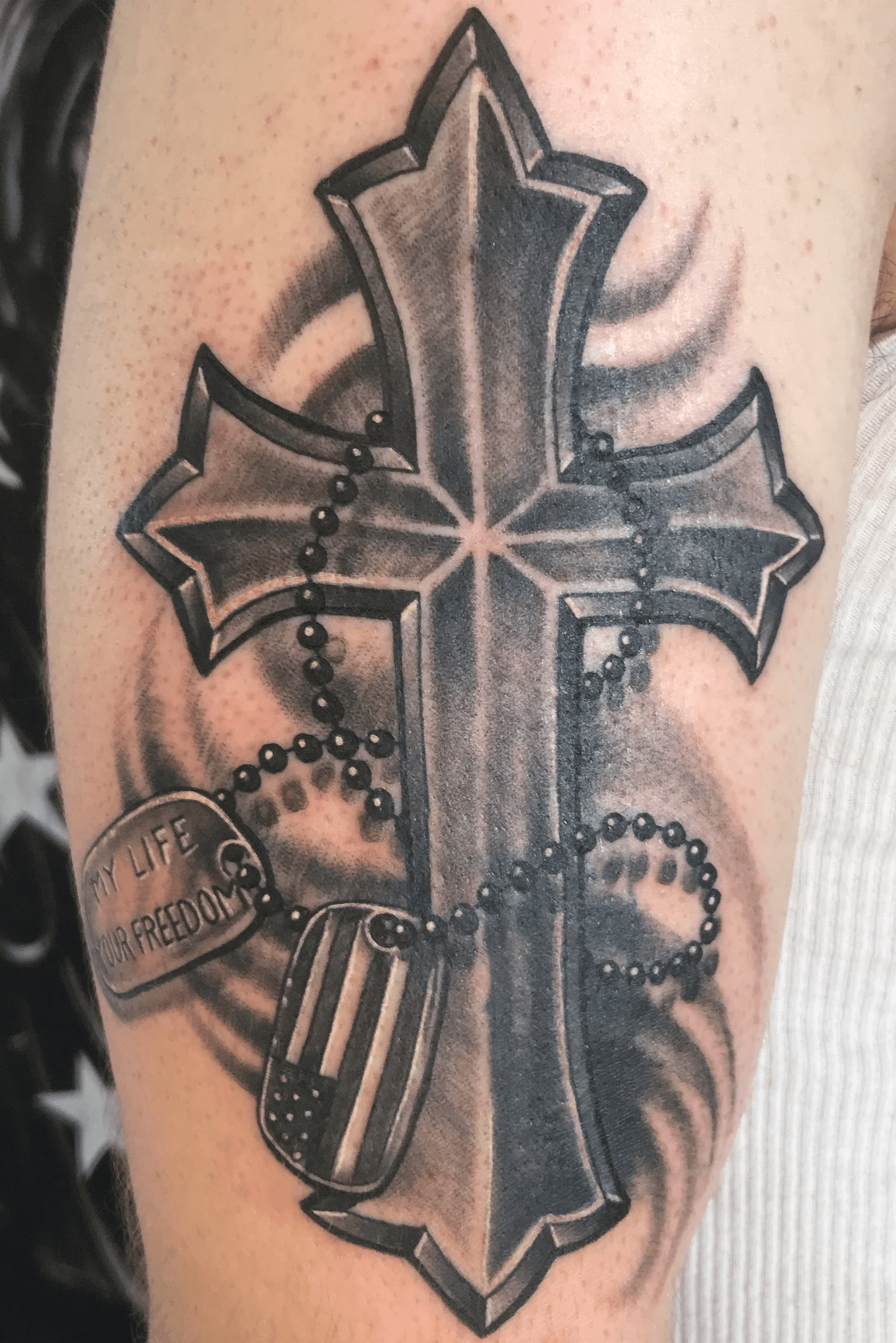 Cross With Dog Tags Tattoo