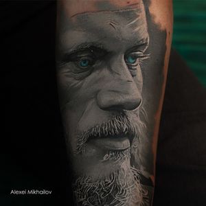 The tattoo portrait of Viking Ragranr Lodbrok in tattoo realistic style by tattoo artist Alexei Mikhailov#alexeimikhailov #tattoorealism #tattooviking #ragnartattoo