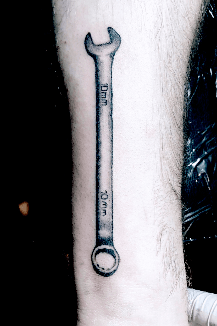 Cool wrench tattoo with date of  Intrusive Art Tattooing  Facebook