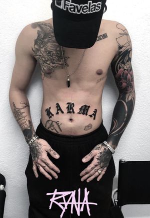 K A R M A #lettering #gothic #bellytattoo #blackwork #inked #swisstattoo #karma #karmatattoo